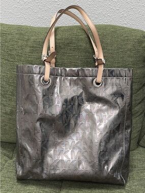 Metallic Logo Tote Bag with Tan Handles